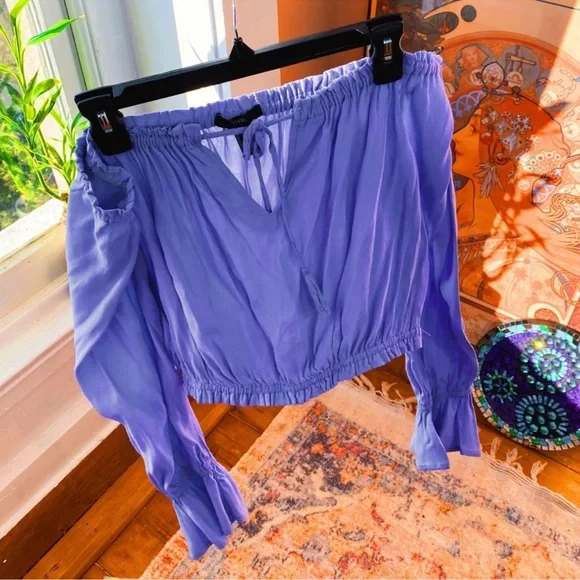 Periwinkle Blue Ruffle Peasant along Sleeved Off The Shoulder Crop Top - Picture 1 of 9